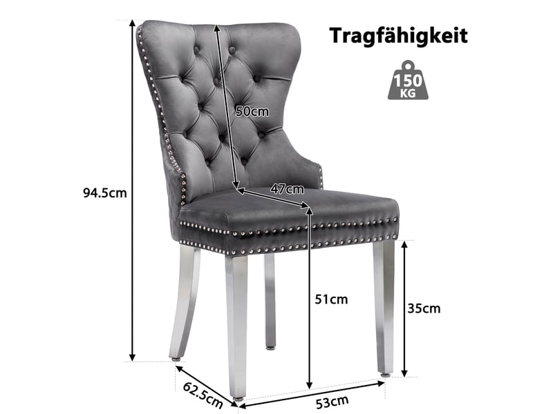 Chaise de salle à manger velours cloutée, lot de 2 - structure et pieds métal, gris  - Conforama D