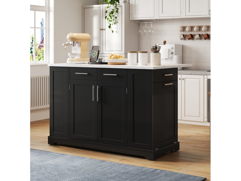  Desserte de cuisine mobile avec plateau rabattable, prise et espace poubelle, sur roulettes, noire, 138 × 86 × 92 cm  - Conforama D