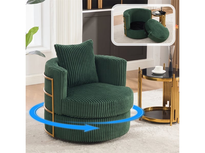  Fauteuil pivotant 360°  76 x 79 x 78 cm – coffre de rangement intégré &amp; coussin inclus –velours côtelé - vert  - Conforama B