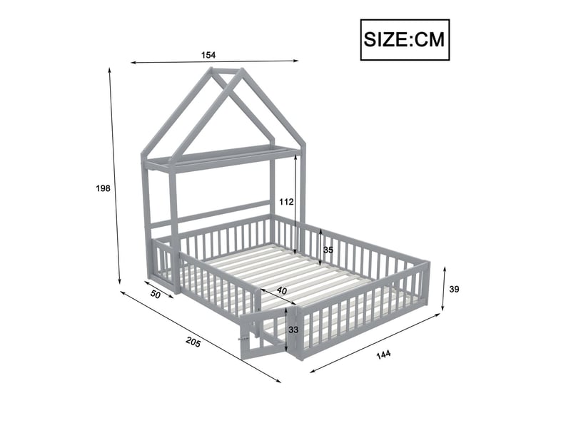  Lit cabane enfant 140x200 - avec barrière de sécurité - lit enfant - bois massif, gris, sommier à lattes, rangement  - Conforama C