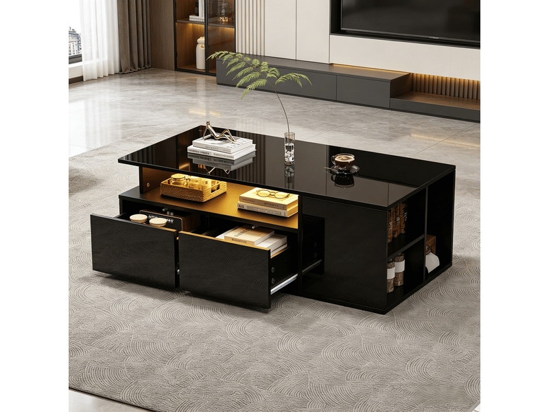  Table basse noire brillante avec led 100x50x35 cm, 2 tiroirs et rangements  - Conforama D