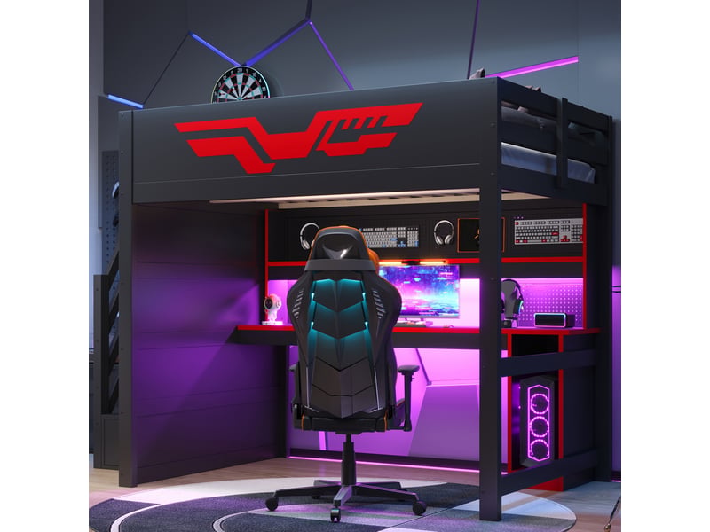  Lit mezzanine gaming 140x200 cm noir, avec bureau, escalier de rangement 4 compartiments, led 7 couleurs, usb, sommier inclus, sans matelas  - Conforama B
