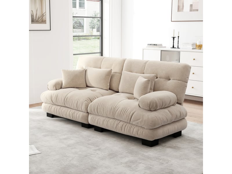 Canapé d'angle, canapé 2 places — en chenille, marron clair, coussins inclus, style cloud - Conforama R