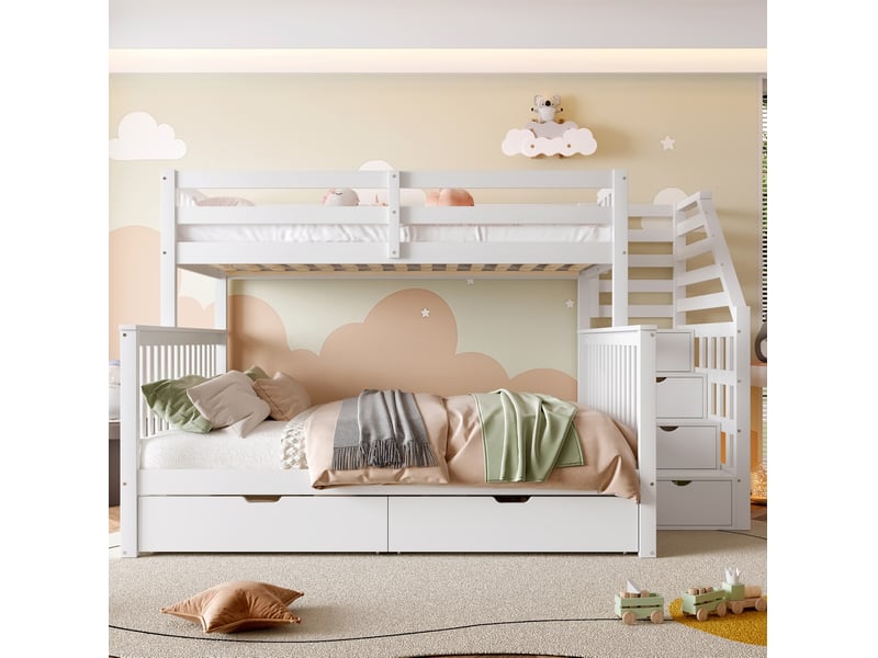  Lit superposé enfant blanc 90 x 200 cm et 140 x 200 cm avec tiroirs de rangement  - Conforama C