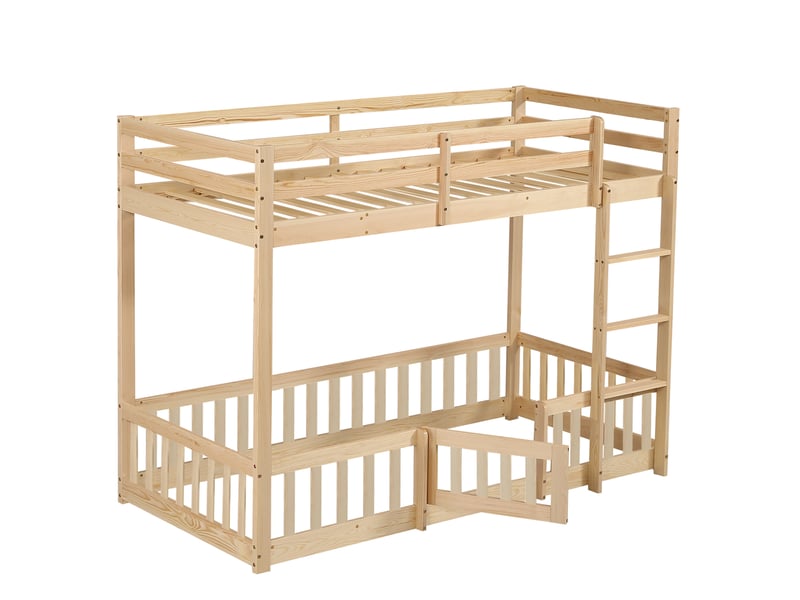 Lit superposé enfant en bois de pin naturel avec escalier droit, porte et barrières de sécurité, espace libre sous le lit, 90x200 cm - Conforama E