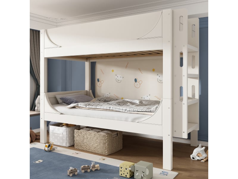  Lit superposé 90x200 cm, lit enfant avec escalier amovible, design en forme de traîneau, blanc, sans matelas  - Conforama B