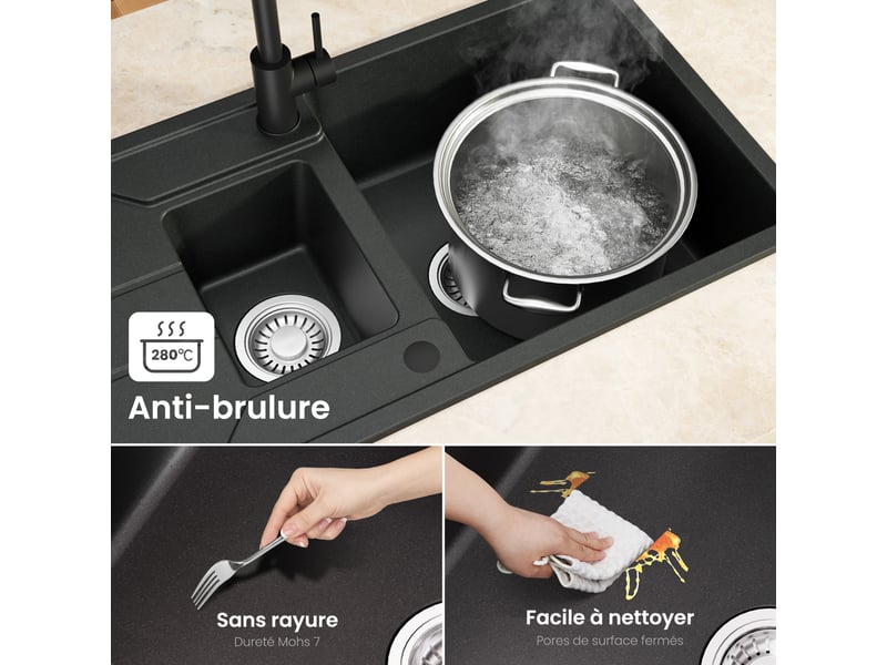 Cecipa max évier avec trou de robinet - évier de cuisine en granit 86x45cm - évier 1,5 bac - avec panier égouttoir et système d’évacuation - 80 % sable de quartz - noir  - Conforama D