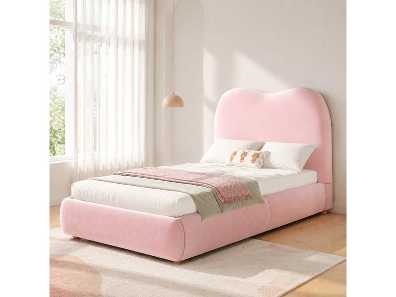 Lit enfant coffre hydraulique 90x200 cm en velours rose avec sommier - Conforama C