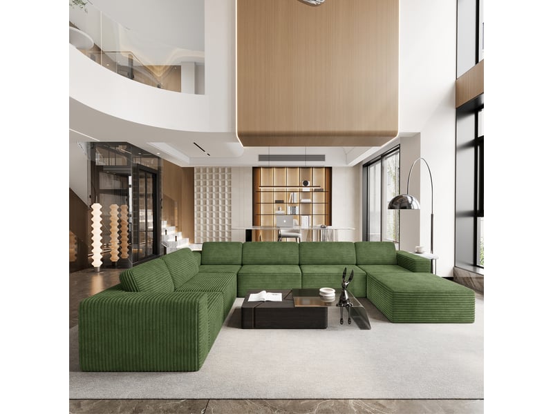 Canapé modulaire panoramique 7 places ouvert à droite,velours côtelé,1 pouf,canapé compressé pour grand salon,404x303x82cm,vert 404x303x82CM - Conforama B