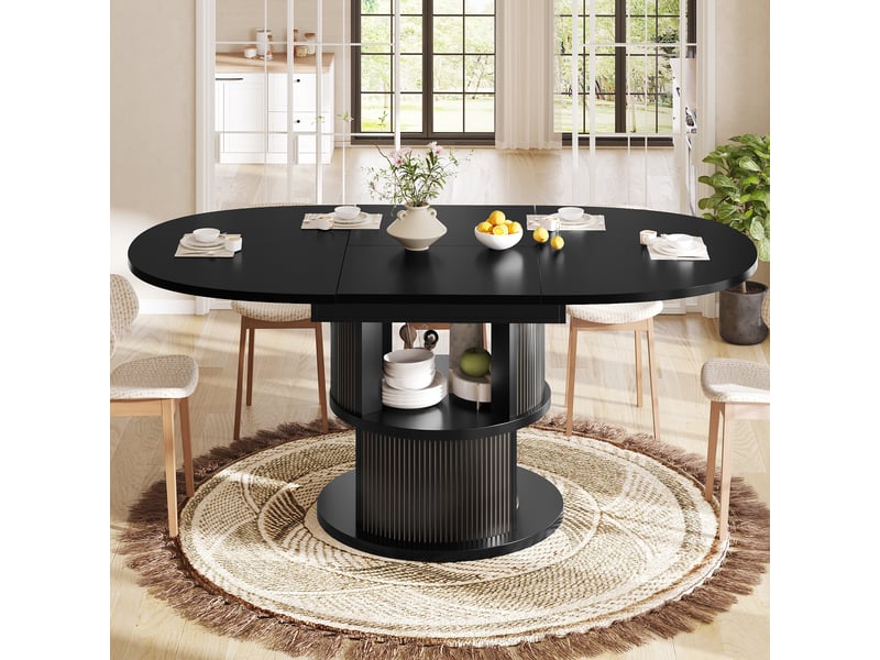  Table à manger de cuisine 118–158 cm - extensible - 2 niveaux de rangement - relief vertical - mdf et métal - noir  - Conforama D