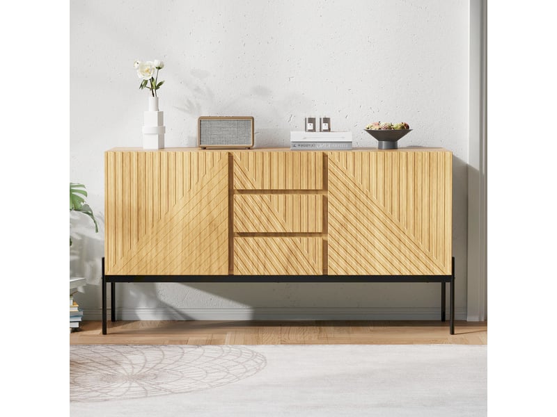  Buffet 2 portes 3 tiroirs meuble tv 140 cm couleur bois naturel  - Conforama E