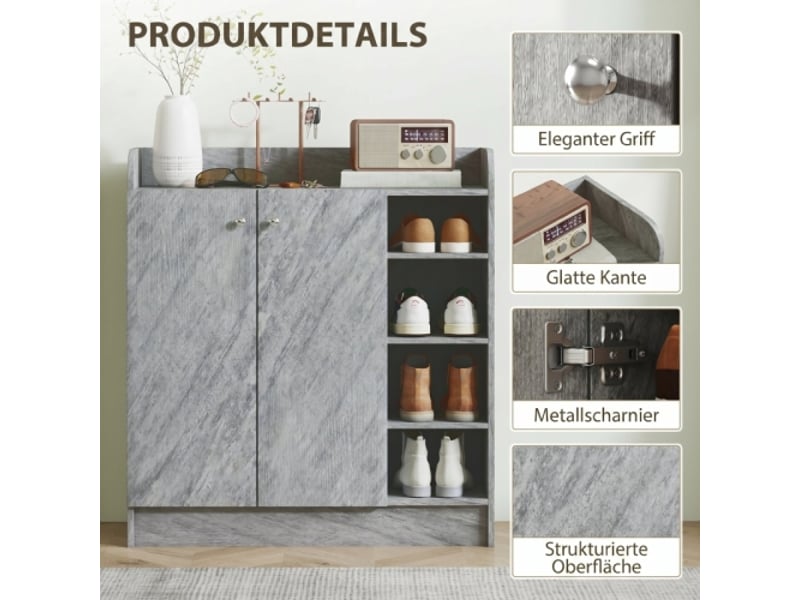  Meuble à chaussures gris 2 portes avec 4 niches ouvertes pour 12 paires, rangement entrée et couloir  - Conforama D