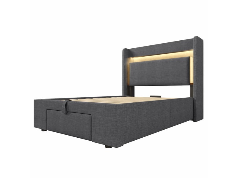  Lit coffre 90x200 cm avec sommier relevable hydraulique, matelas inclus et gris  - Conforama D
