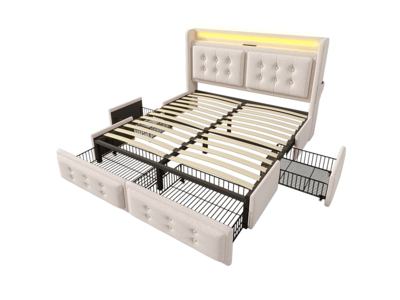  Lit adulte 180x200cm, lit double, 4 tiroir, charge, led, poches latérales, tête de lit, coton-lin, beige, sans matelas  - Conforama D