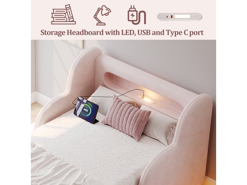 Lit enfant 90x200 cm rembourré avec barrière de sécurité, veilleuse led, port usb et rangements, pieds en bois massif, rose OPULERANE TRADING LTD - Conforama E
