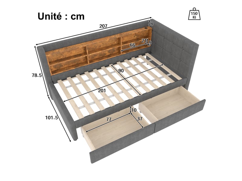 Lit banquette avec deux tiroirs, ports usb et type c, rangements en tête de lit, revêtement en lin gris - Conforama D