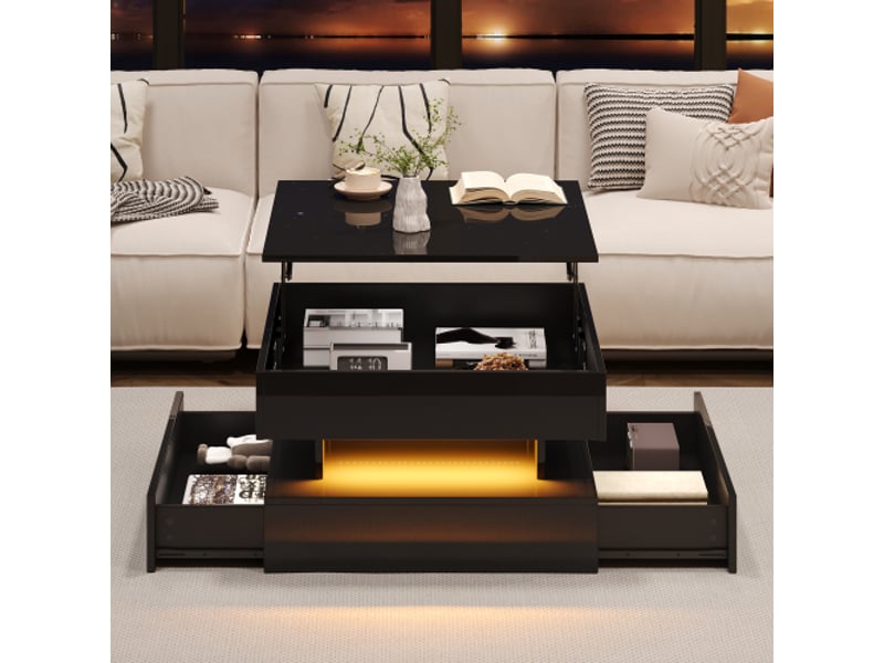Table basse relevable noire 65x65 cm – led, 2 tiroirs, design géométrique, rangement caché - Conforama D