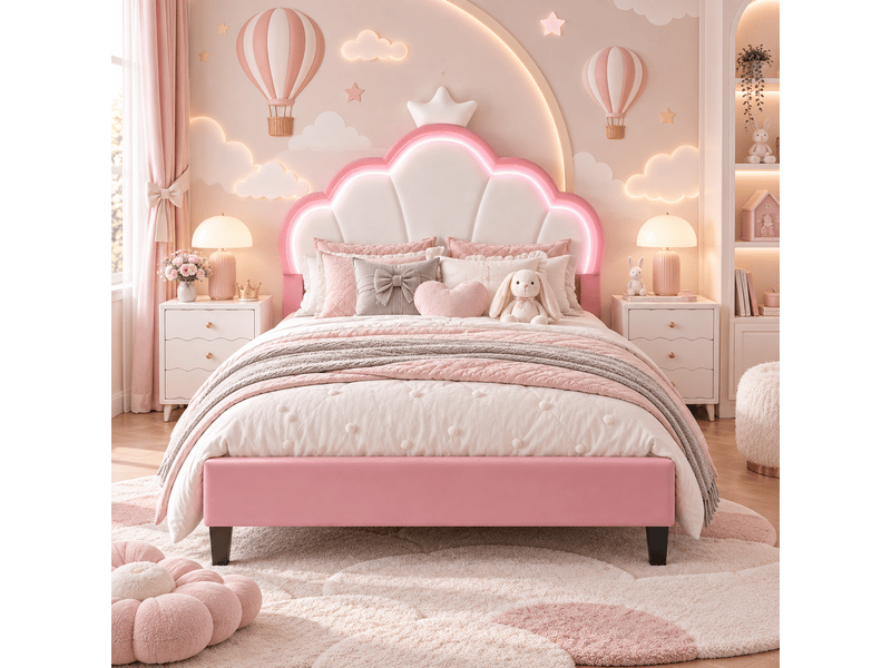  Lit double enfant 140x190 cm, lit capitonné avec sommiers à lattes et dossier, lit fille réglable en hauteur,velours,led,unique,rose lit fille 140x190 cm avec led - lit enfant avec dossier unique - tête de lit couronne réglable …  - Conforama C
