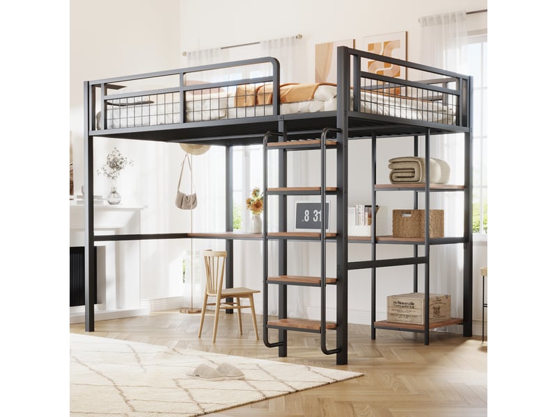  Lit mezzanine enfant 140x200 cm avec table, étagère, garde-corps, escalier, sommier, métal noir, sans matelas  - Conforama W
