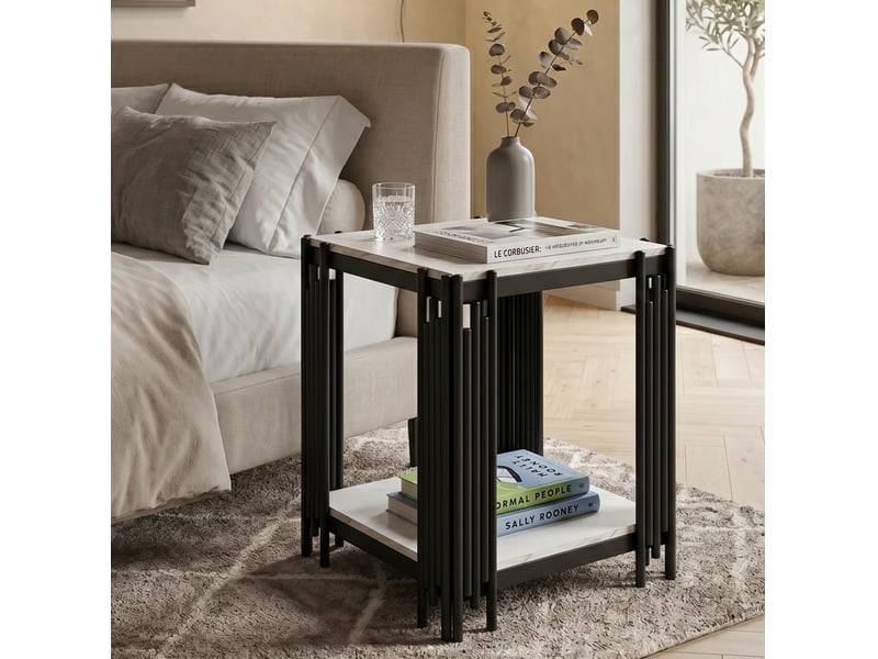 Table de chevet à 2 niveaux 43 x 40 x 54,7 cm, mdf effet marbre, noir et blanc  - Conforama D