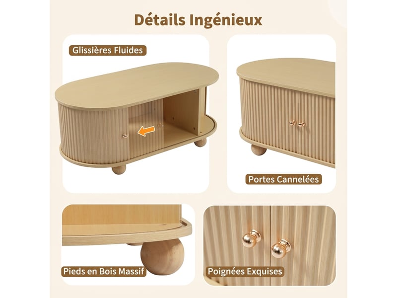  Table basse ovale avec rangement mdf couleur bois - portes coulissantes 100cm  - Conforama E