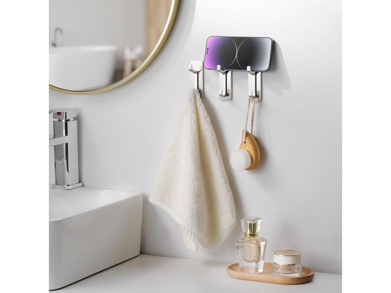  Sakae crochet serviettes cuisine, adhésif mural sans perçage, imperméable, antirouille, argenté, 4 pièces  - Conforama C