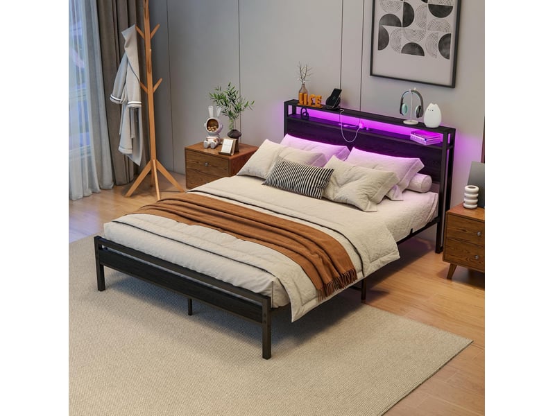  Lit 140 x 200 cm avec rangement, usb, prise et éclairage led noir  - Conforama C