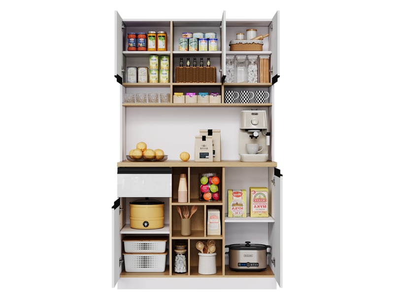  Buffet haut noir en mdf, 120 × 40 × 183,5 cm, étagères réglables, fermeture magnétique, 8 tiroirs, pour cuisine et séjour  - Conforama B