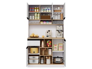 Buffet blanc, poignées en métal, 105x45x185 cm, façades brillantes, tiroir, niches et étagères réglables pour cuisine et séjour
