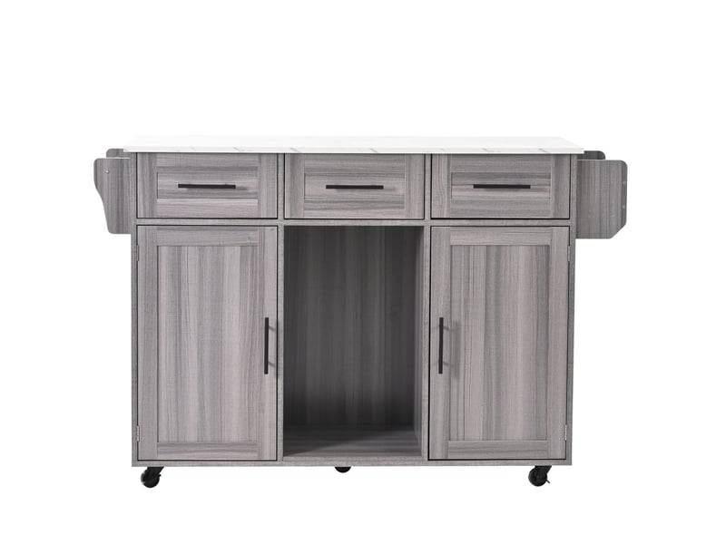  Desserte de cuisine 139 x 46 x 91,5 cm grise en mdf, plateau pliant, 3 tiroirs et roulettes verrouillables  - Conforama D