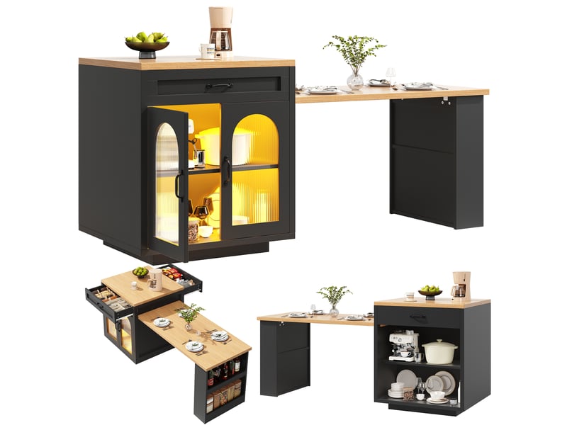  Îlot de cuisine extensible avec led, 2 tiroirs, étagères réglables, portes en verre rainuré et plan de travail mdf  - Conforama A