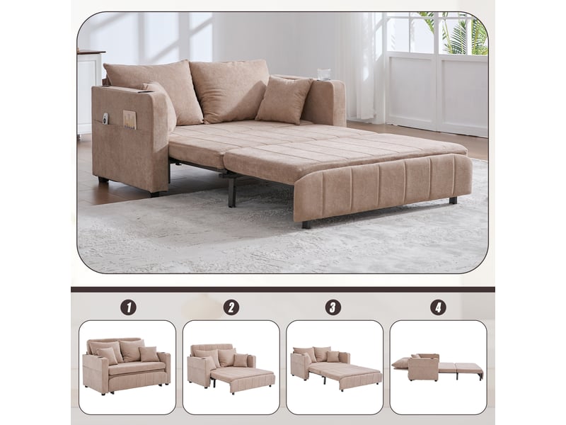  Canapé de salon, canapé chenille – en chenille, avec accoudoirs, porte-gobelets, kaki, port usb  - Conforama A