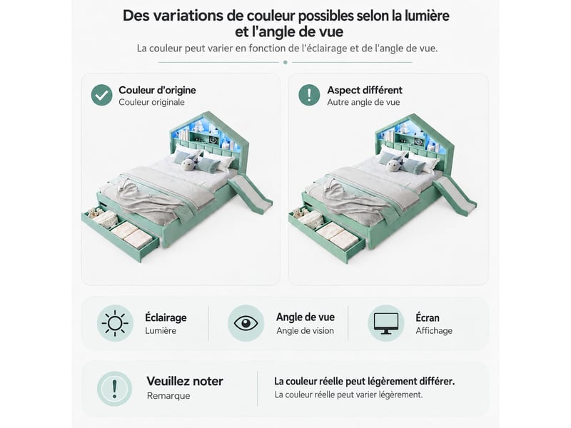  Lit enfant rembourré 140 x 200 cm avec toboggan, led, port de charge, rangement et coffre, bleu-vert  - Conforama D