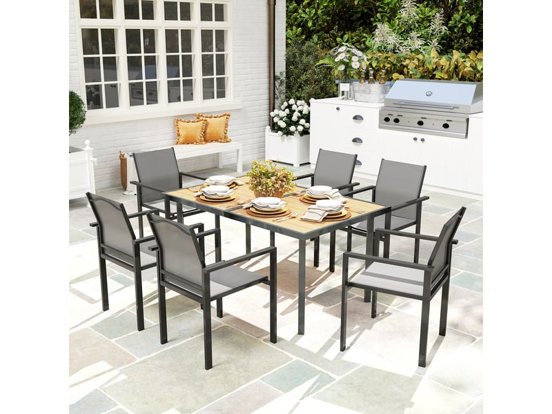  Table à manger de jardin pour 6 personnes table de jardin avec plateau effet bois en acier 150 x 90 x 72 cm bois naturel  - Conforama D