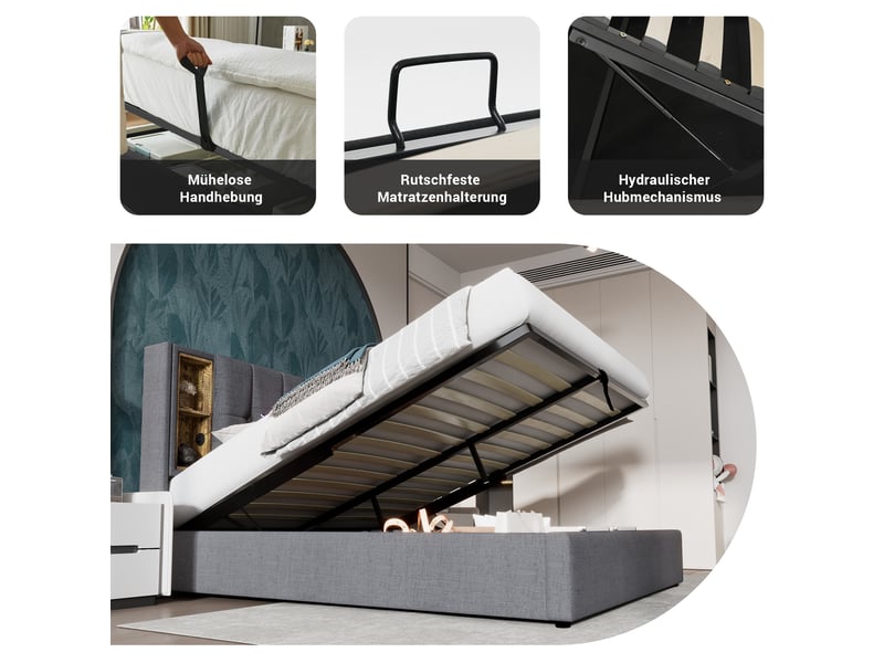  Lit 2 personnes 160x200 cm avec port usb-c, cadre de lit adulte avec tête de lit et matelas, gris, lit double  - Conforama E