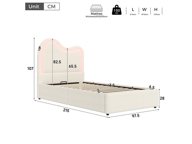  Lit enfant 90 × 200 cm coffre relevable avec sommier à lattes et éclairage led bouclé blanc pour chambre enfant  - Conforama C