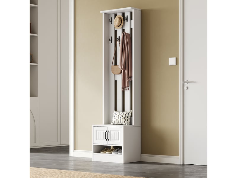  Vestiaire d’entrée blanc 50×36×190 cm en panneau de particules, banc de rangement, banc à chaussures, 2 portes  - Conforama D