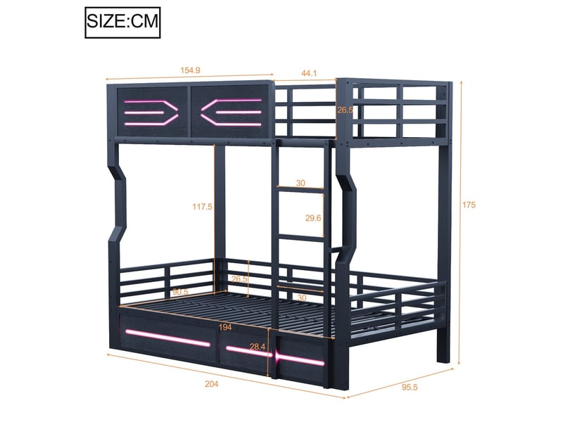  Lit superposé fer 90x200 cm led design épuré barrières hautes adolescent mezzanine noir  - Conforama C