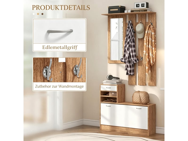  Penderie mobile - armoire de couloir avec panneau porte-manteaux, miroir, banc à chaussures, 6 patères et étagère réglable  - Conforama D