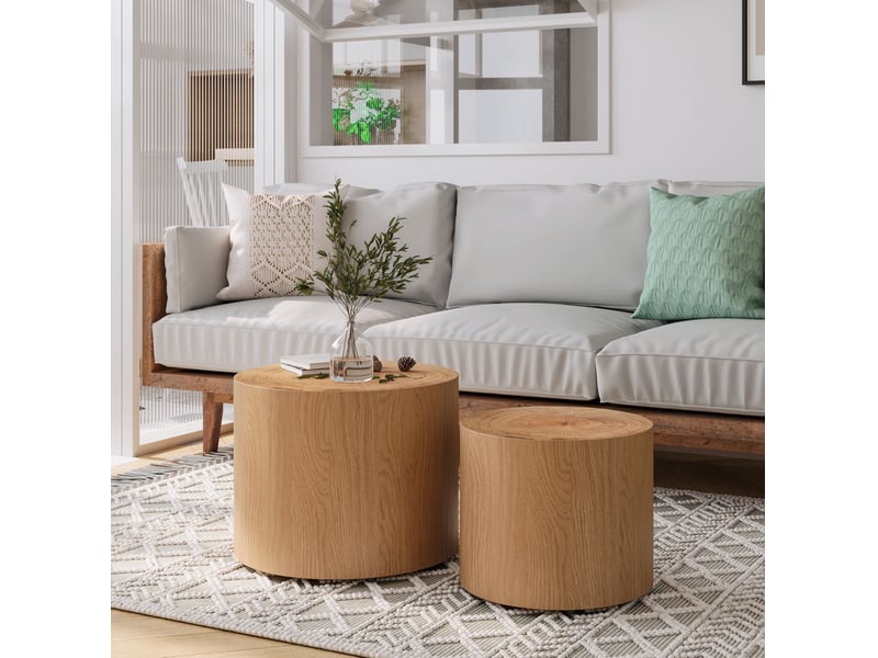  Lot de 2 tables basses gigognes rondes ø 48x38 cm et ø 38x32 cm en bois et mdf coloris naturel  - Conforama C