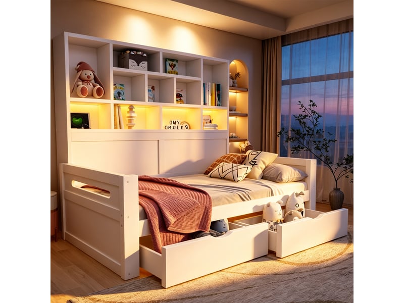 Lit banquette simple 90×200 cm avec rangement - okmyhome- led, prises et 2 tiroirs, sans matelas, mdf blanc - Conforama C