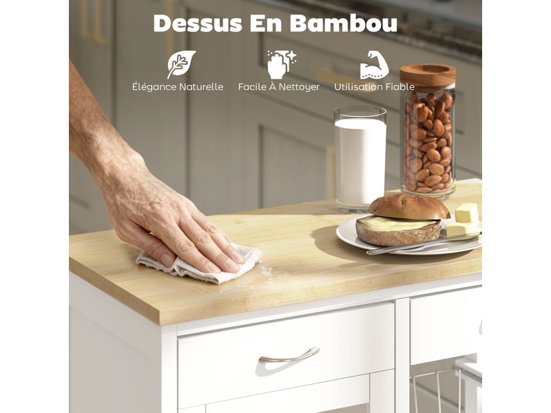  Desserte de cuisine à roulettes plateau bambou porte vitrée blanc 67 x 35 x 80 cm  - Conforama D