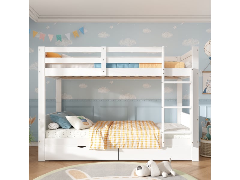 Lit superposé enfant 90x200 cm blanc, séparable en 2 lits, avec 2 tiroirs - Conforama D