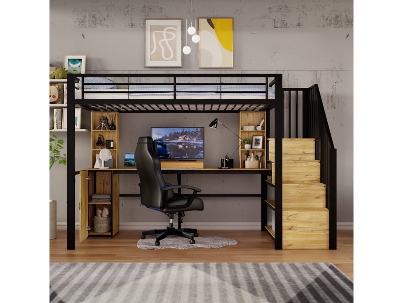  Lit mezzanine 90x200 cm noir avec bureau, rangement et usb, pour un espace de travail organisé, sans matelas  - Conforama B