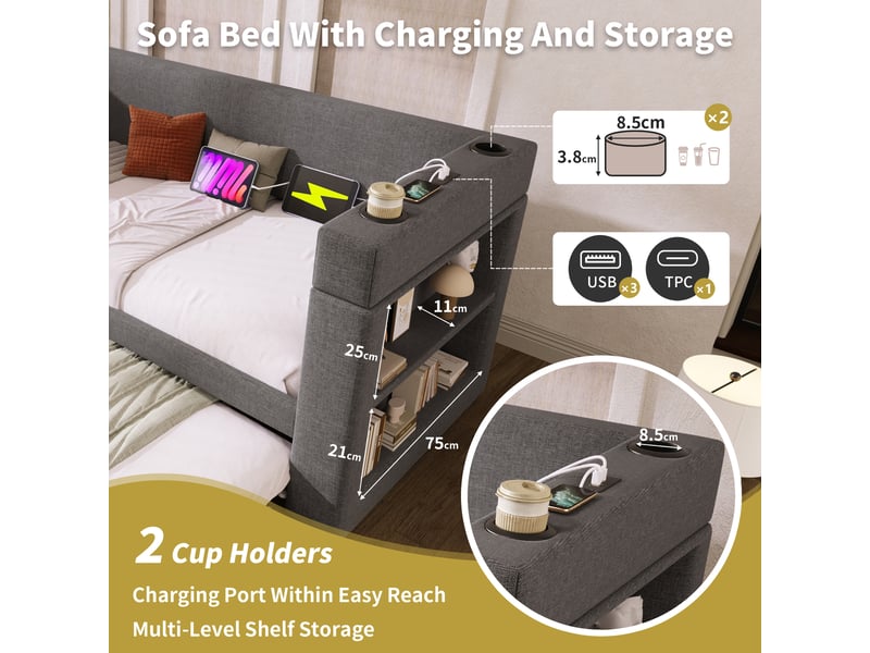 Lit gigogne enfant 90x190 cm, canapé-lit avec usb type-c, porte-gobelet, sommiers, coton lin gris, sans matelas - Conforama D