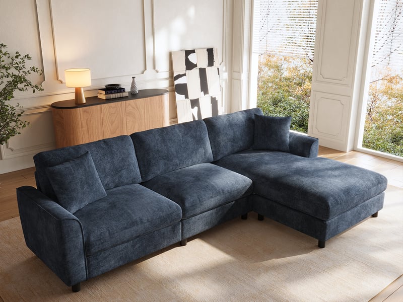  Canapé d'angle 3 places forme nuage, méridienne réversible, couchage 90cm, modulaire multifonctionnel, 256x137x79 cm, bleu  - Conforama B