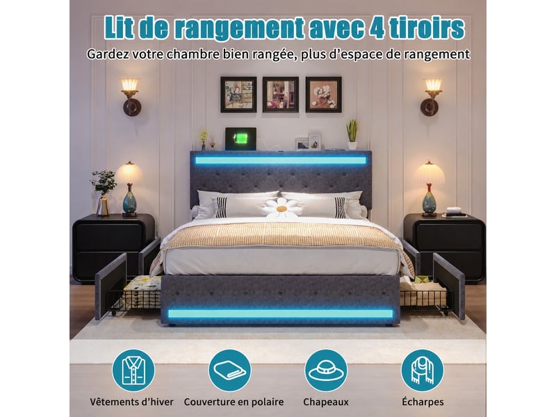  Lit double 140 x 200 cm gris avec 4 tiroirs, revêtement effet lin, éclairage led et port usb, sans matelas  - Conforama E
