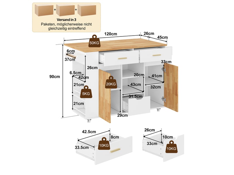  Desserte de cuisine avec plateau rabattable, 3 tiroirs, étagère à épices et roulettes verrouillables pour cuisine  - Conforama D