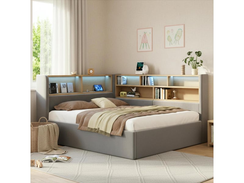  Lit banquette coffre 140x200 cm avec rangement hydraulique, led, usb et usb-c, tête de lit avec étagères, sommier à lattes, velours, gris  - Conforama B