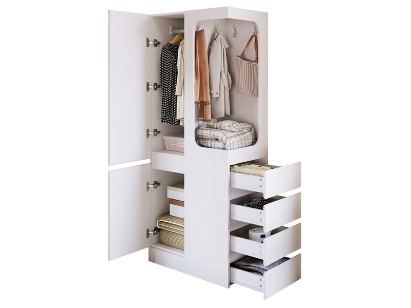  Armoire 2 portes 70x40x170 cm, espace penderie ouvert, 2 tiroirs, bois, couleur blanc, design moderne et minimaliste  - Conforama A